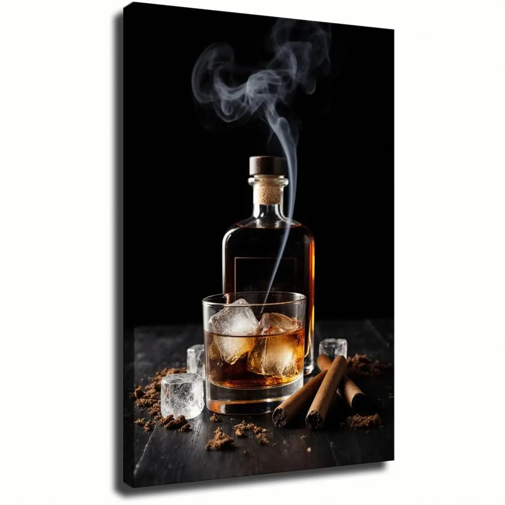 Glass Bottle Canvas Wall Art Cigar Smoke Liquor Wine Alcohol Posters Gentleman Bar Club Drink Prints Vintage Tobacco Rum Pub Pictures Artwork for Man Cave Kitchen Living Room Decor