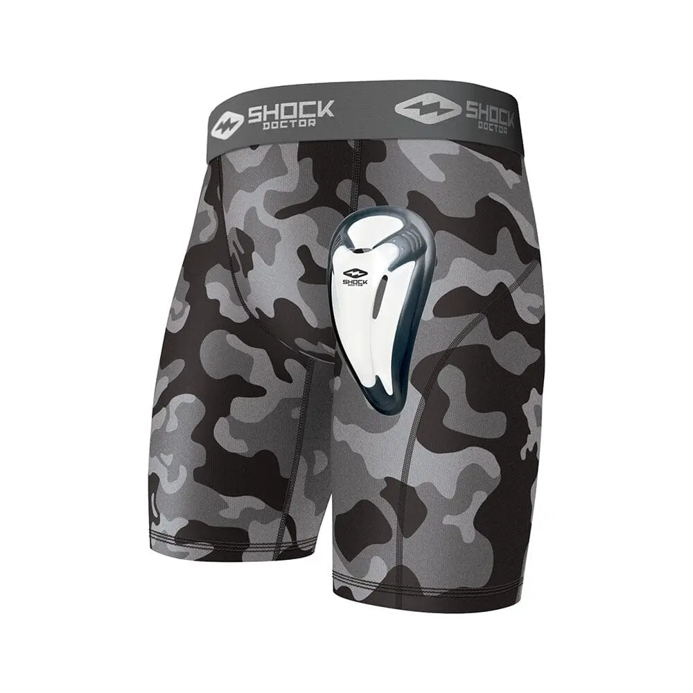 Shock Doctor Black Camo Core Compression Short with Bio-Flex Cup for Sports Performance