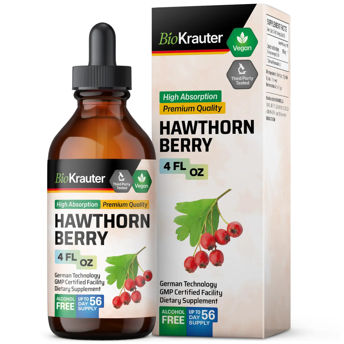 BioKrauter Hawthorn Berry Tincture 4 FL OZ Organic Vegan Supplement for Cardiovascular Support High Absorption Premium Quality German Technology GMP Certified Facility
