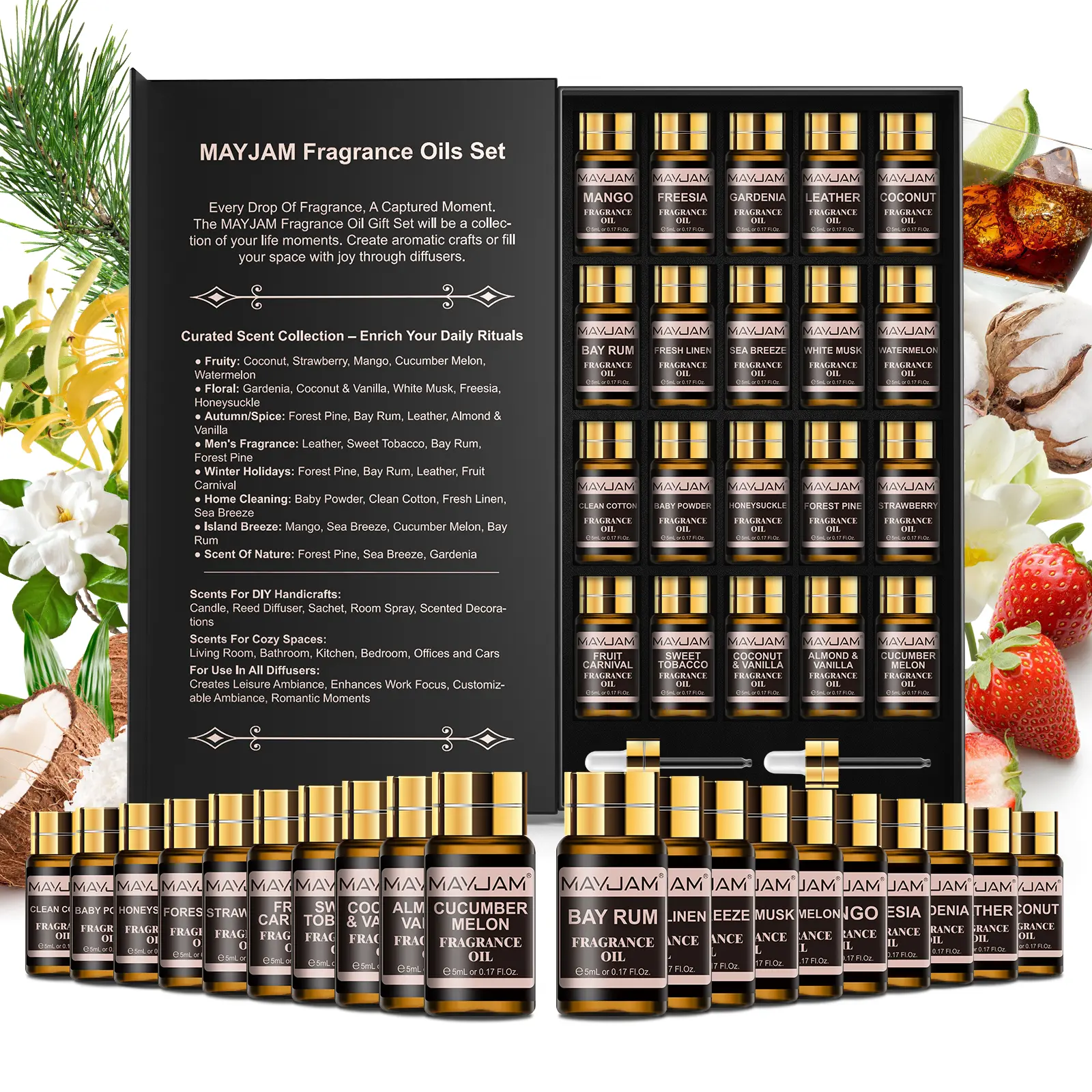 MAYJAM 20x5ml Fragrance Oil Set - Flower, Coconut, Vanilla Scents, Long-Lasting Aroma for Diffusers, Soap Making, Bath Products, Casual Gifting, Birthday Presents