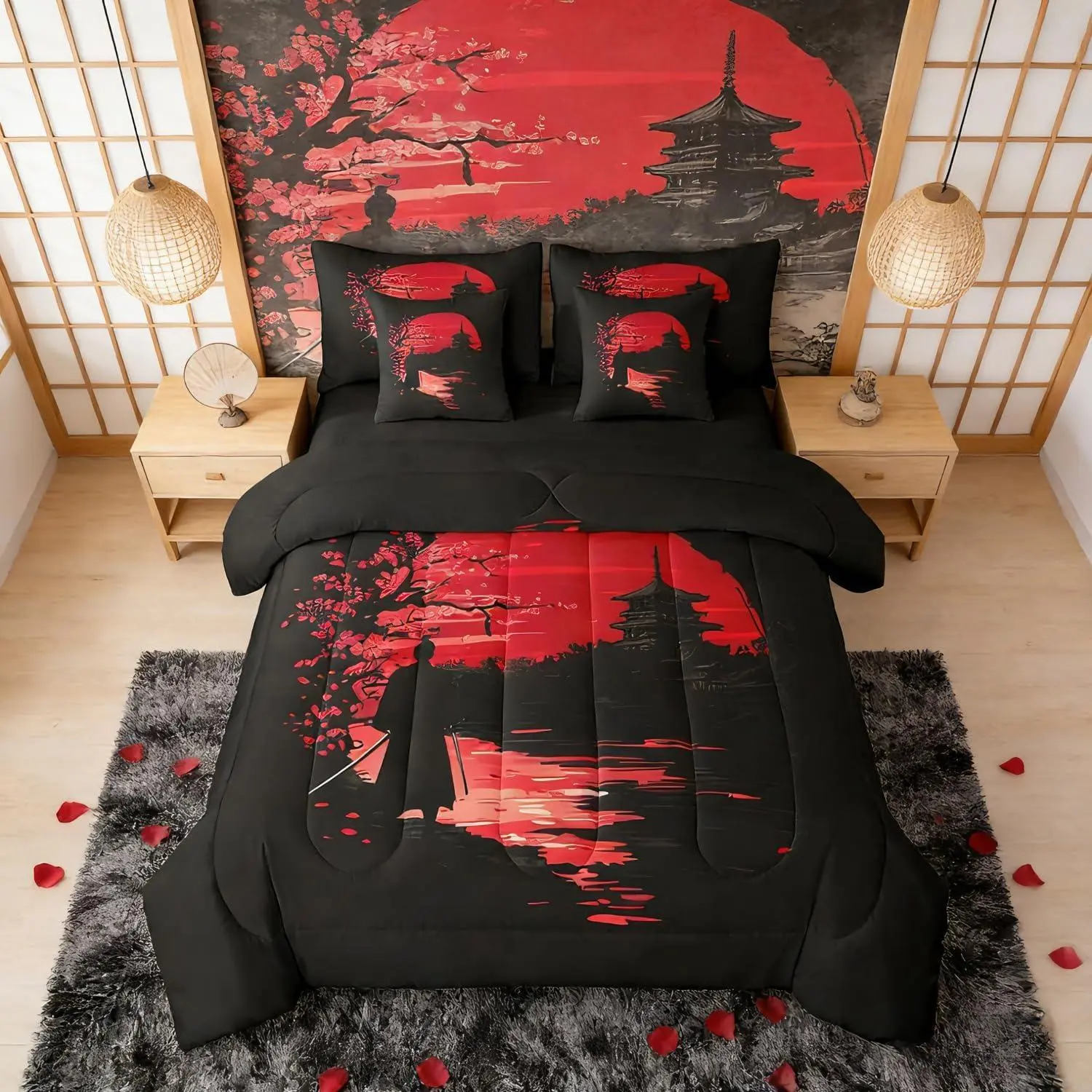 Samurai Comforter Set,7 Pieces,SunSet,Bed in A Bag for Bedroom,Kids Boys Teens Men Japanese Bedding Set with Comforters,Sheets,Pillowcases Scenery Silhouette Bedroom Decor
