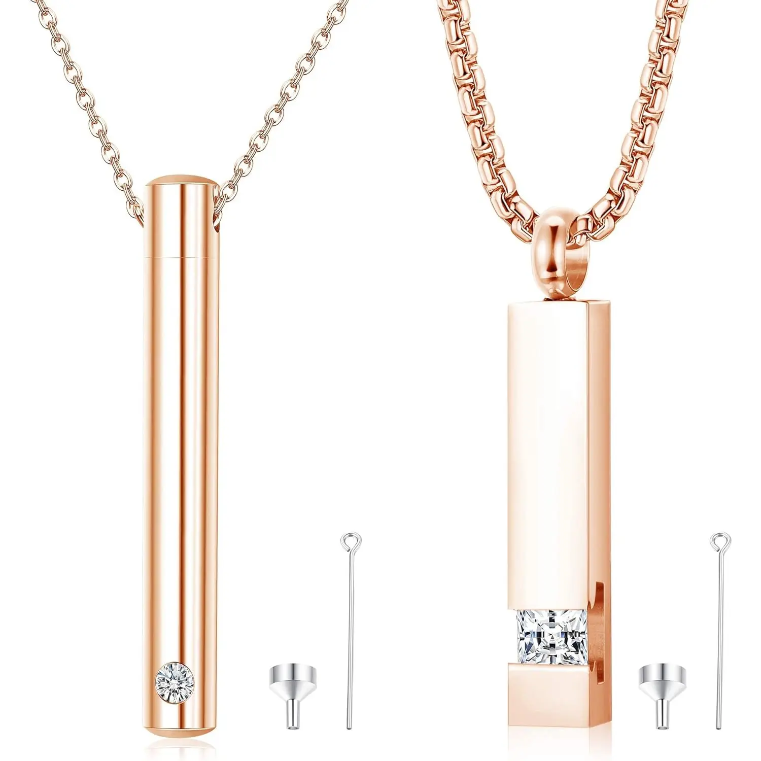 2Pcs Stainless Steel Cremation Urn Pendant Necklace for Ashes, Rose Gold CZ Inlaid Memorial Keepsake Jewelry