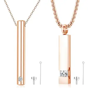2Pcs Stainless Steel Cremation Urn Pendant Necklace for Ashes, Rose Gold CZ Inlaid Memorial Keepsake Jewelry