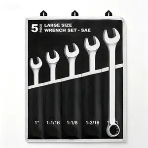 Large Size SAE Combination Wrench Set, 5-Piece Add-on Kit with 1" to 1-1/4" Sizes, Chrome Vanadium Steel Construction, Long Pattern 12-Point Box End, Professional Grade for Automotive Truck Tractor Machinery Maintenance and Repair, Heavy Duty Industrial T