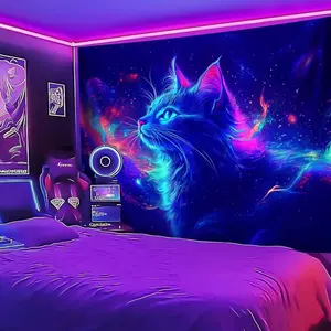 Interstellar Cat Tapestry - UV Reactive Polyester Party Backdrop, Glow-in-the-Dark Space Home Decor