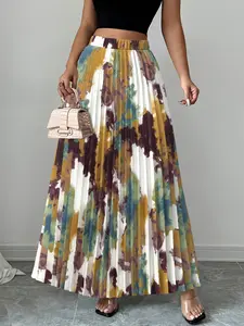 Women’s Elegant Fitted Printed Pleated Skirt with Abstract Pattern, Versatile All-Season Formal & Casual Wear, Ideal for Work and Parties