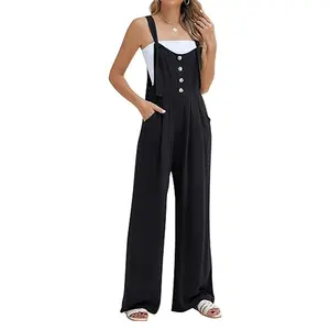 Women's Wide Leg Casual Jumpsuits Linen Loose Fit Overalls Flowy Sleeveless Bib Outfits