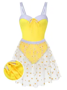 Yellow 1950s Suspenders Swimsuit & Daisy Cover-Up Summer Beach Swimdress with Lilac Bust Trim & High Stretch Fabric