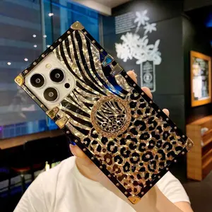 Fashion Leopard-Print Feather Design Phone Case with Ring Holder, Anti-shock Shockproof Phone Protective Cover, Phone Accessories Compatible with iPhone Series, Casing