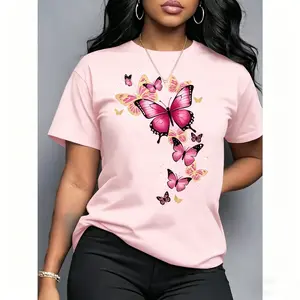 Vibrant Butterfly Graphic Plus Size Cotton T-Shirt, Cute Oversized Crew Neck Outfit, Comfort Fashion Tee, Perfect Valentine's Day Gift For Her