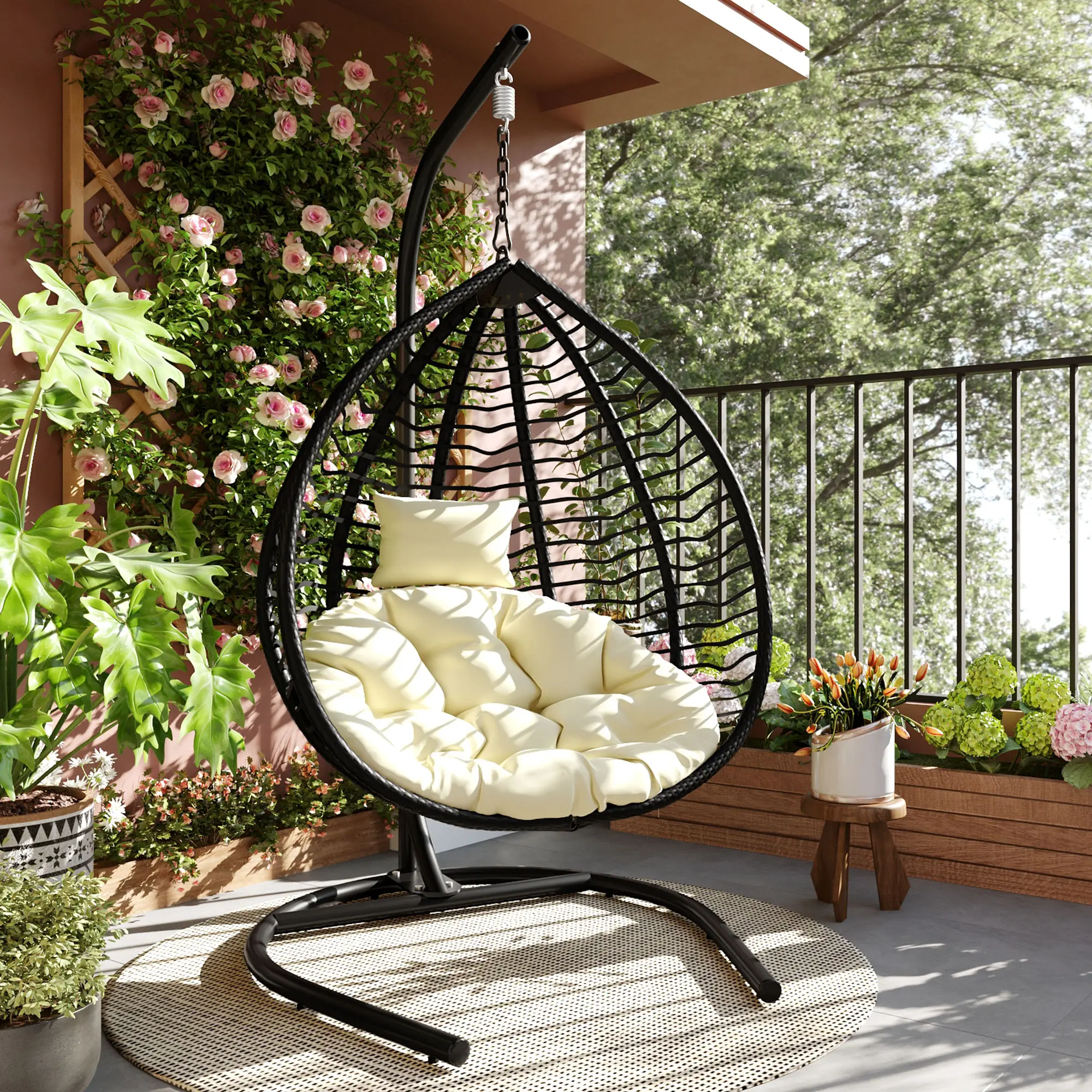 Single Seat HDPE Wicker Rattan Egg Hanging Chair - Indoor-Outdoor Foldable, Thick Plush Cushion, Removable Headrest, Stable Iron Stand, 330 lbs Capacity, for Adults, Porch, Garden, Assembly Required, Wear