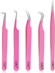 Tip Eyelash Extension Tweezers Set of Five Japanese Steel Precision Tools for Eyelash Extensions Raspberry Color