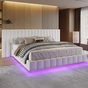 Amerlife King Size Modern Upholstered Bed Frame with LED Lit Velvet Fabric Oversized Headboard, Floating Design, RGB Lights, Channel Tufted Platform Base, No Box Spring Needed, Christmas Gift Idea, Led Lit Headboard