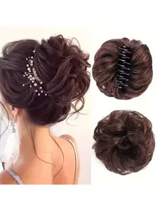 1pcs 4inch Dark Brown Messy Bun Hair Piece Wavy Curly Water Wave Curly Scrunchies Synthetic Chignon Ponytail Hair Extensions Thick Updo Hairpieces for Women