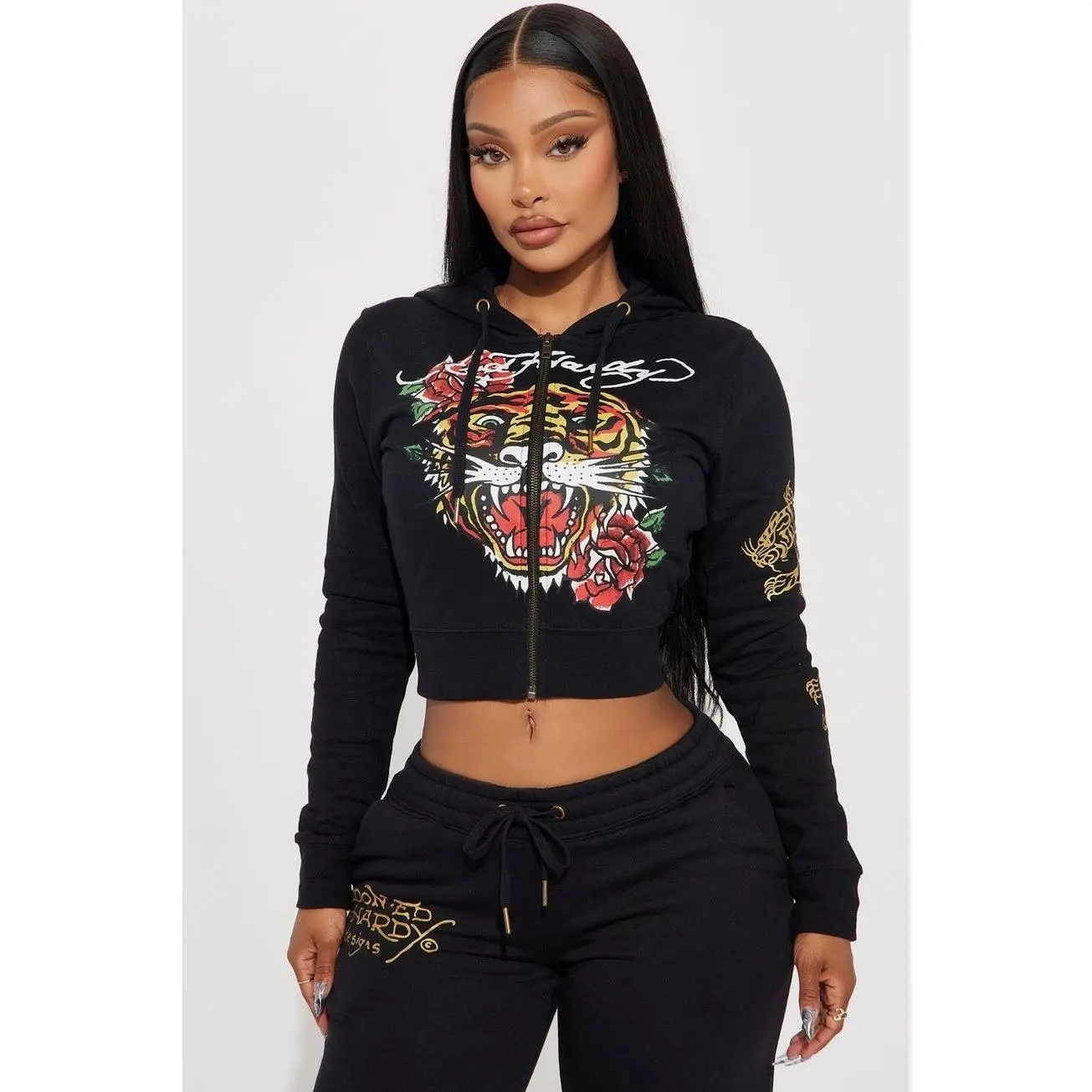 Ed Hardy Retro Tiger Zip Front Hoodie - Black S