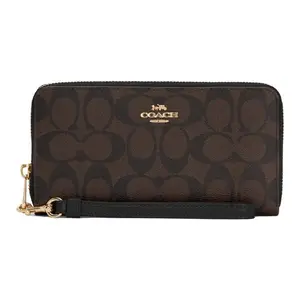 COACH Zip Around 19 Long Wallet with Signature Canvas and Leather for Women in Black and Brown