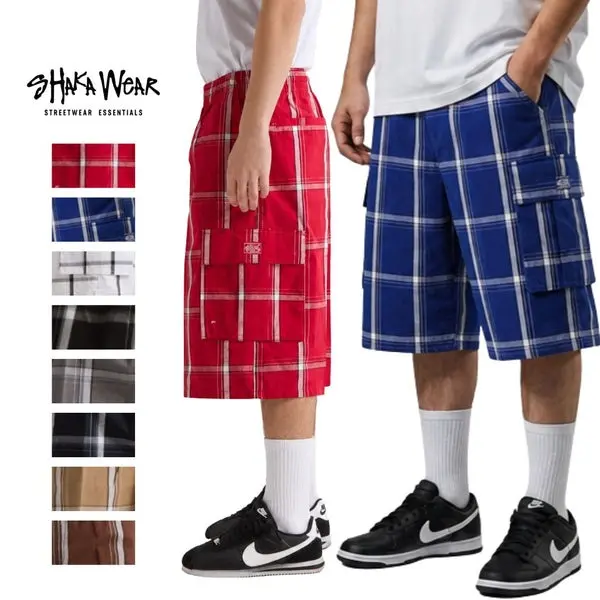 SHAKAWEAR Plaid Shorts SHAKA WEAR  Plaid Shorts Casual Cargo Shorts Stretch Shorts 6 Pockets Drawstrings