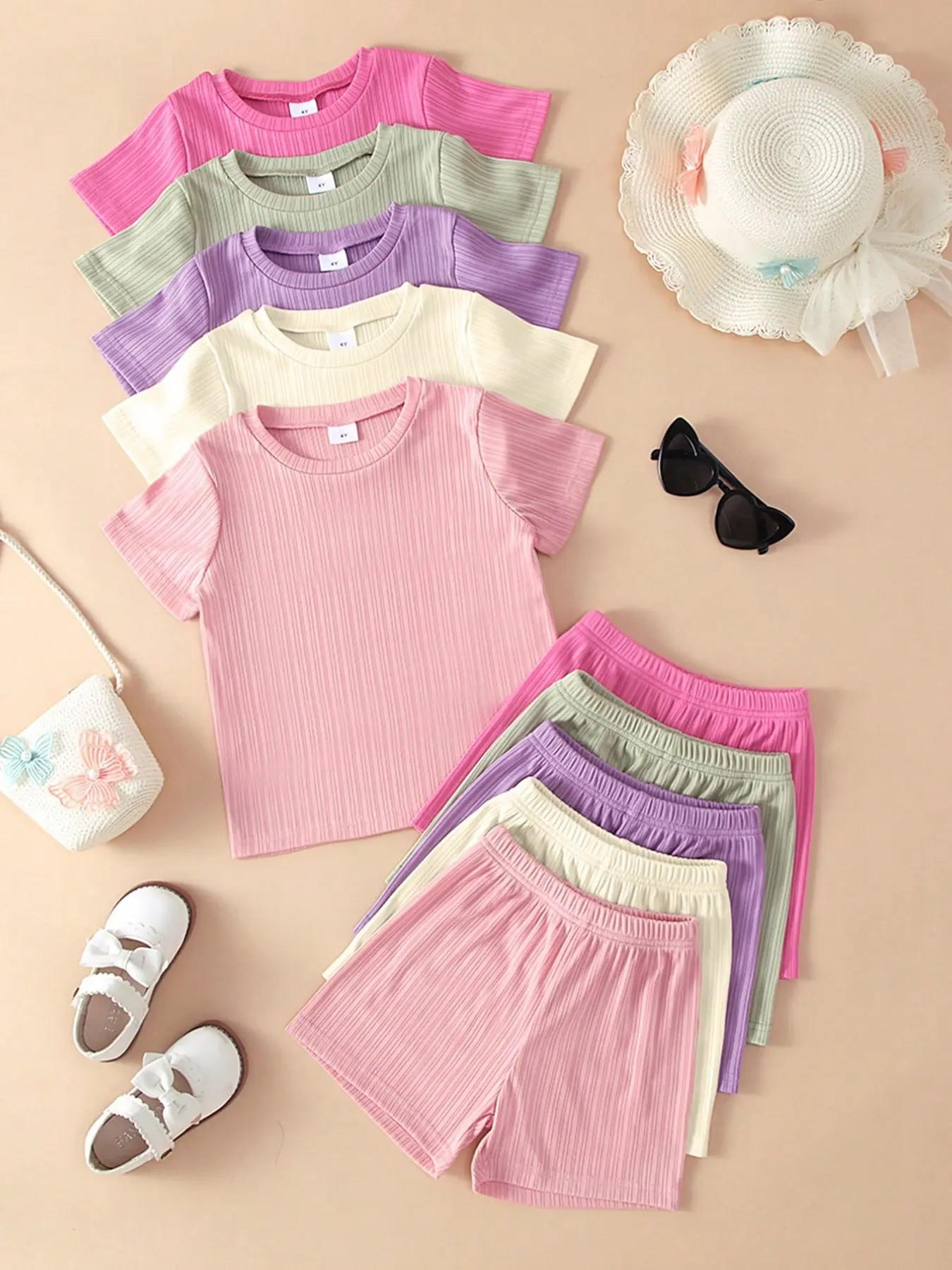 Girls' 10-Piece Set, Casual Solid Color Soft Knit Short Sleeve T-Shirt and Shorts, Comfortable Outdoor Wear for Spring and Summer, Summer Clothes Set