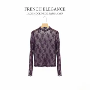 Women's Lace Long Sleeve Top, Lady, Half High Neck Design, Elegant Mesh Fabric, Perfect Inner Layer for Fall & Winter, Blouse, Womenswear
