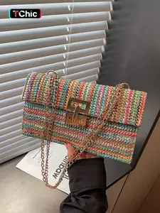 Women's Summer Straw Shoulder Bag, Fashion Chain Crossbody Small Square Bag, Beach Vacation Bag, Perfect for Shopping and Travel