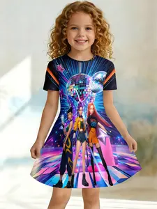 Sweet Cool Stage Style Kids Dress, Huntrx Disco Ball Anime Trio Print, Casual Fitted Knee Length, Asymmetrical Design, Short Sleeve, Sparkly Glitter Dresses, Dresses For Summer