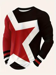 Men's Geometric Pattern Colorblock Print Round Neck Long Sleeve T-Shirt, Casual Fashion Sportswear Athletic Workout Clothing for Spring & Fall