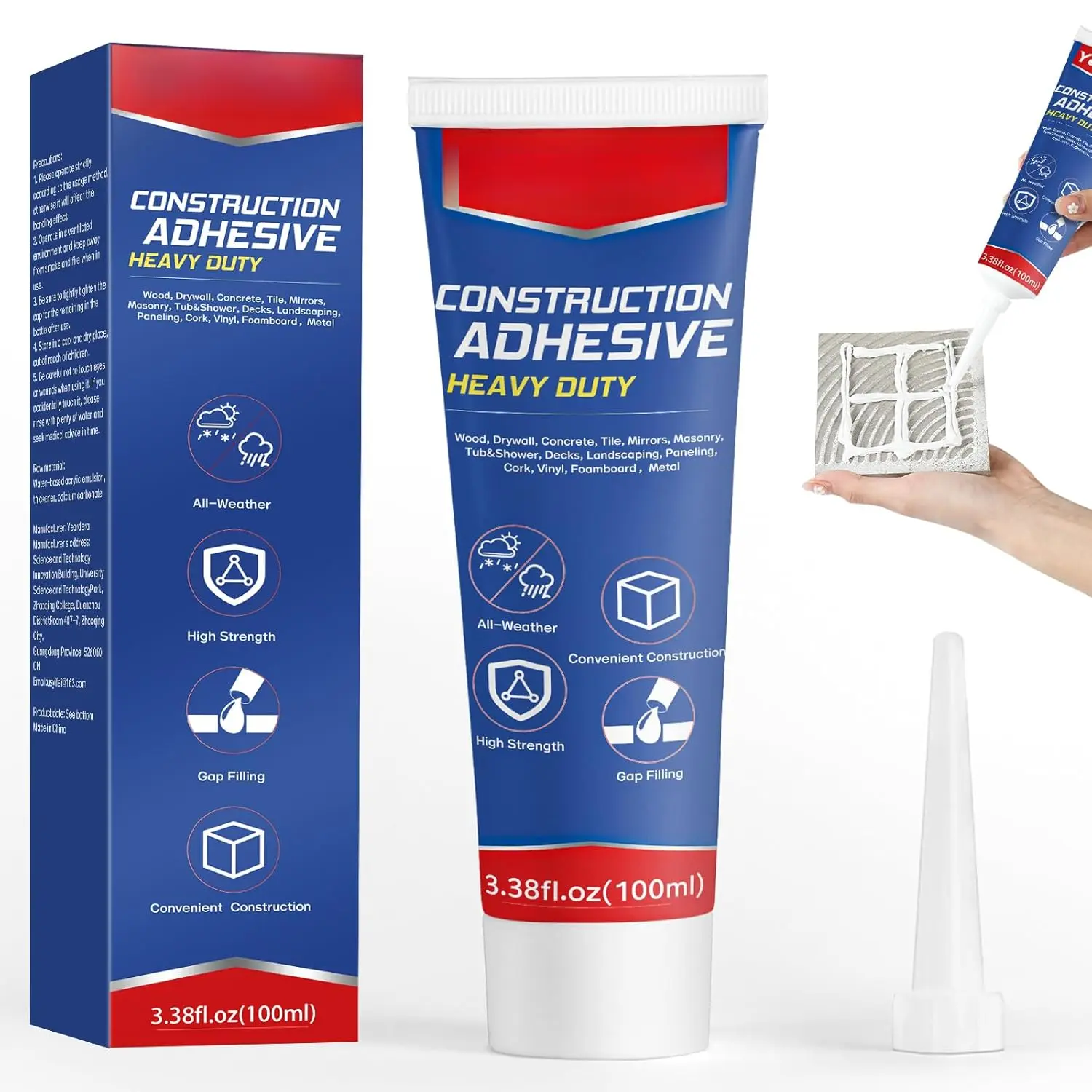 Heavy Duty Construction Adhesive, 7.4 Ounce Cement Glue Squeeze Tube, Versatile Construction Glue for Tile, Floor, Stone, Wood, Wall & More, Pack of 1 (CZJS-100ml-001)