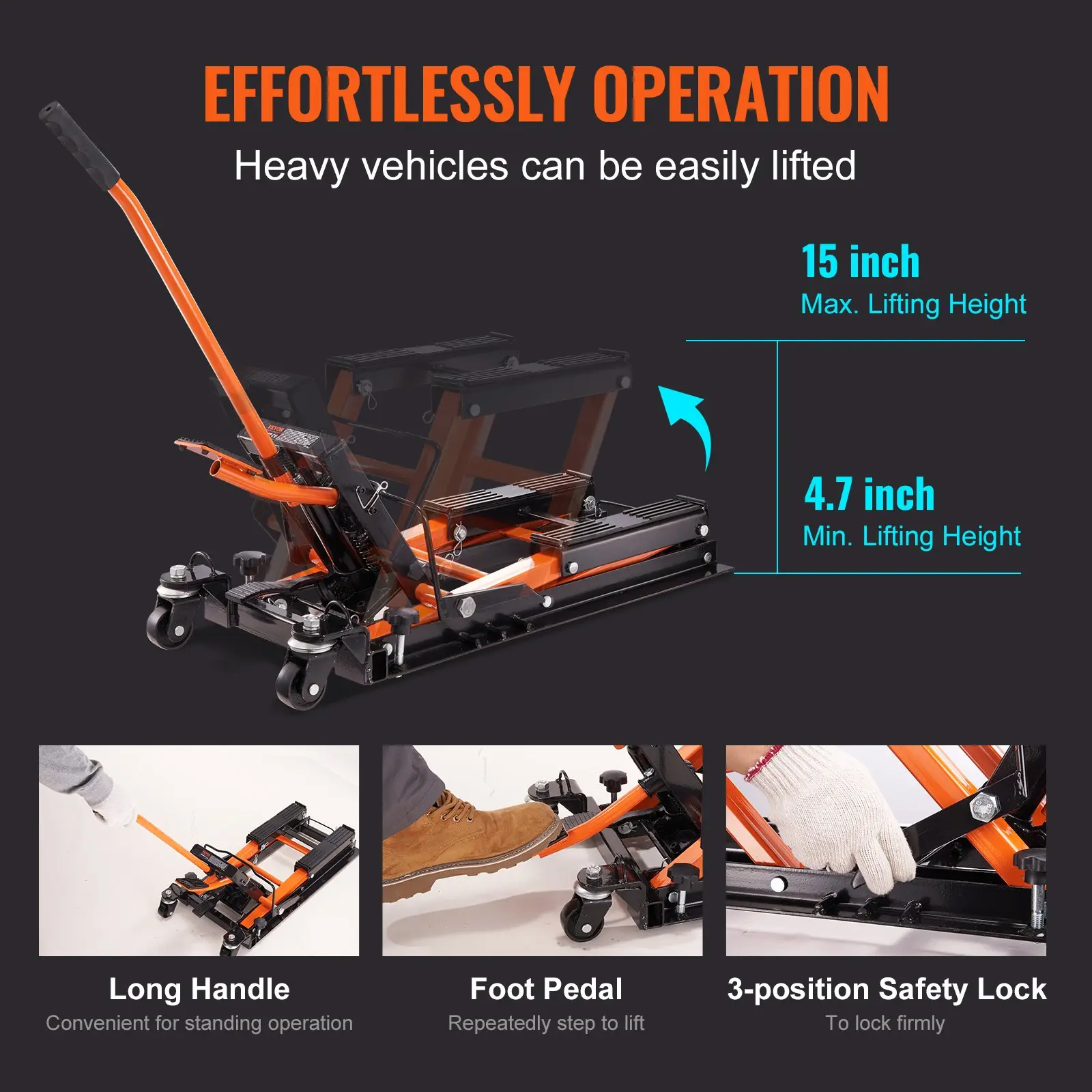 【summerfinds】VEVOR Steel Hydraulic Motorcycle Jack Stand, 1500 LBS ATV Scissor Lift Jack, 4.7"-15" Scissor Lift Jack Stand with 4 Wheels, Hydraulic Foot-Operated Hoist Stand for Motorcycle ATV UTV Powersports
