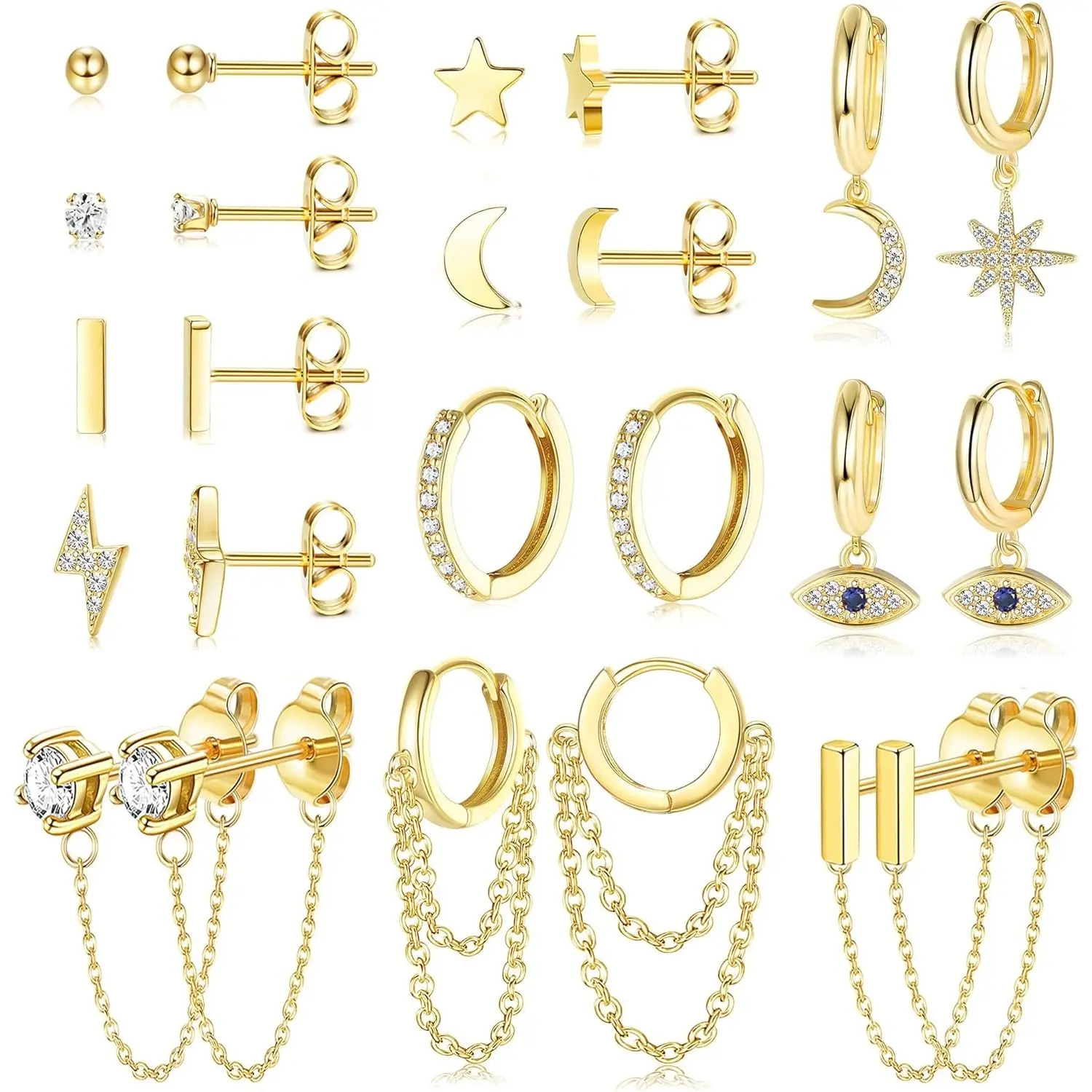 12-Pair Earring Stacking Set for Women, Stainless Steel Mini Hoop & Drop Dangle Earrings with Star & Moon Accents, Hypoallergenic Jewelry in Gold & Silver Tones, Mini Hoop Earrings