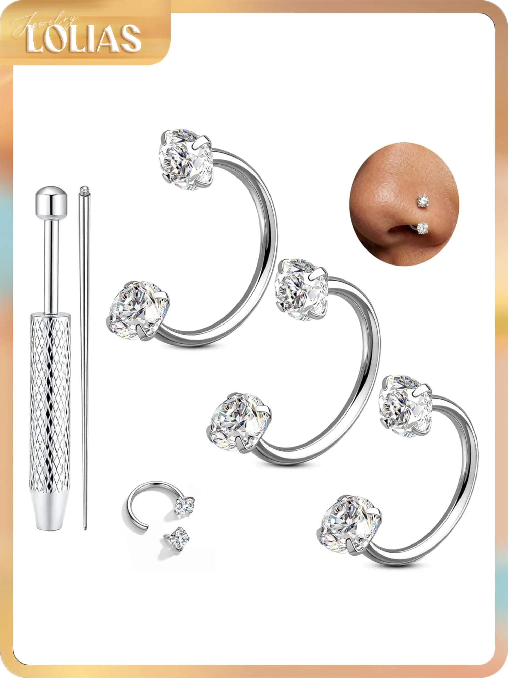 LOLIAS 3Pcs G23 Titanium Internally Threaded Piercing Rings - 16G/18G/20G, 8/10/12mm, Silver/Gold - Septum, Nostril, Rook Body Piercing Jewelry