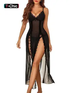 Women's Lace Lingerie Nightdress, Sexy Spaghetti Strap Sheer Mesh Sleepwear, V Neck Side Split Robe, Casual Daily Wear