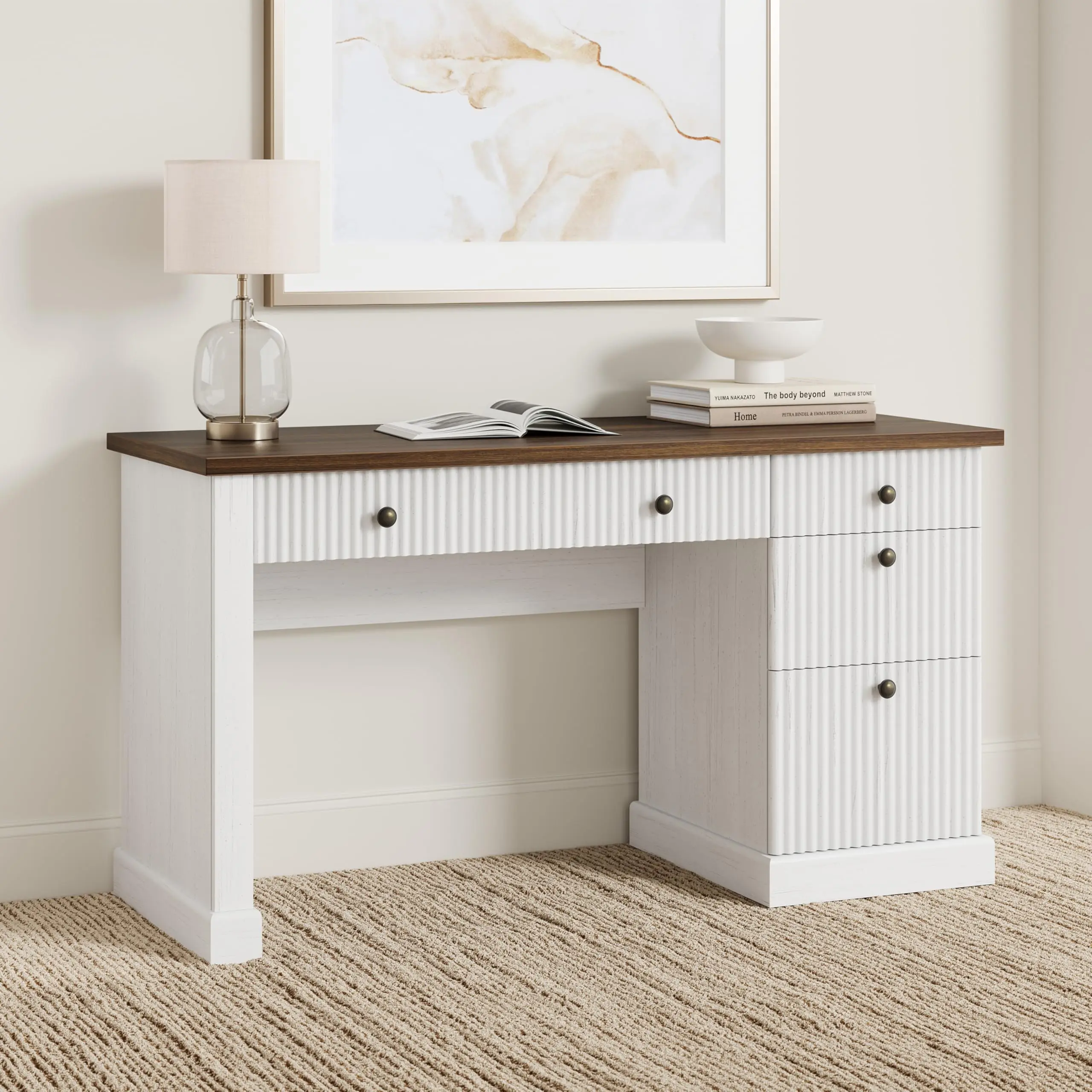 Garvee Wave Board computer desk with double cabinets, small computer desk with drawers, computer desk for small home office, modern and simple study computer desk, white color