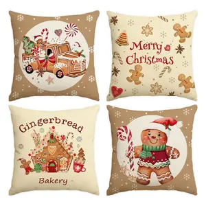 4pcs gingerbread Christmas themed pillowcase, gingerbread truck gift single-sided printed sofa cushion cover, gingerbread bakery gingerbread seller cute pattern pillow cover, 18x18 inches, home sofa decoration, Christmas decoration (without pillow core)