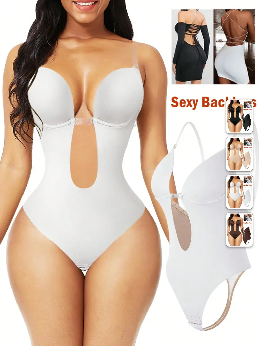 BLUELIFE Shapewear Bodysuit U Plunge Backless Built-In Bra Tummy Control Invisible Wedding Guest Dress