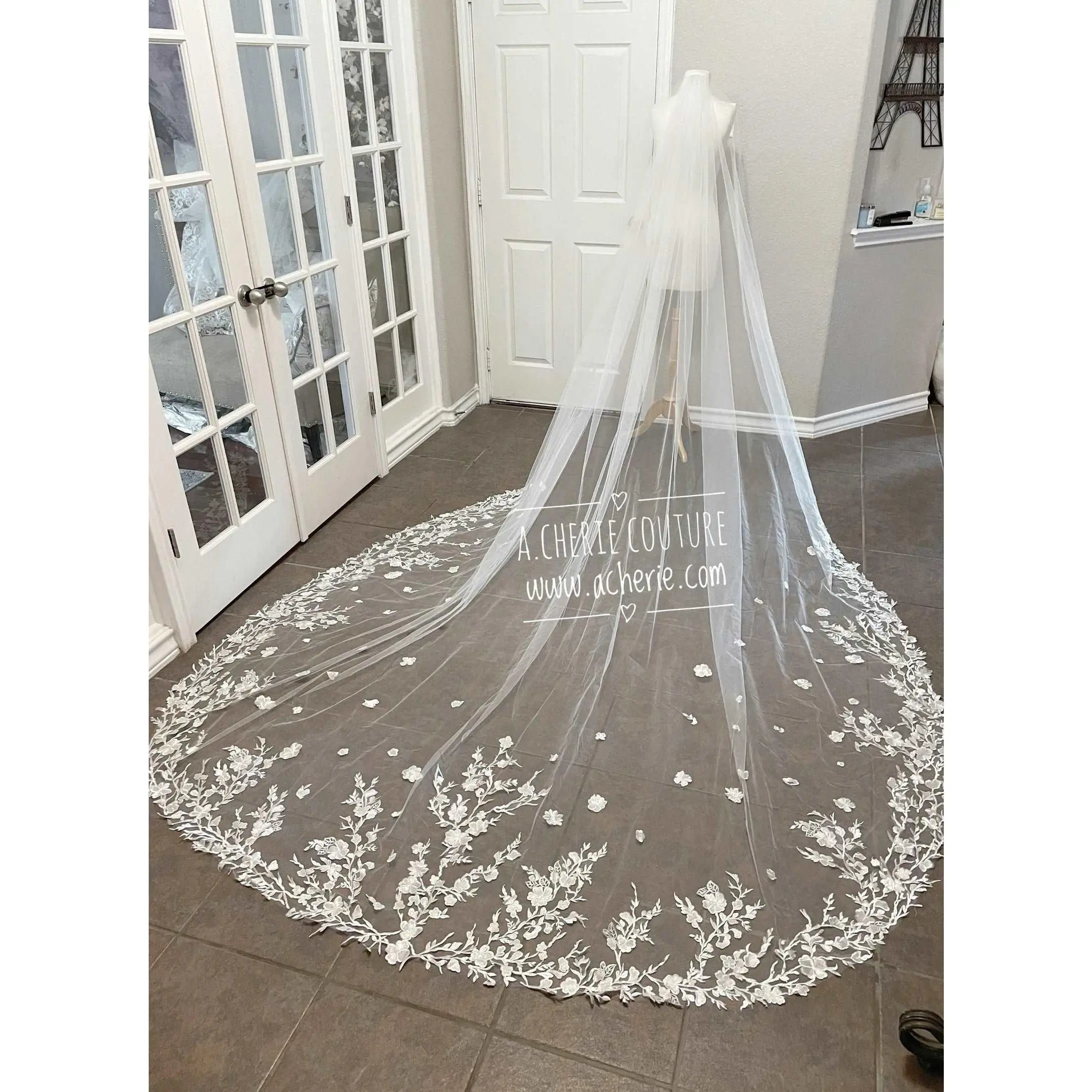 Bridal Wedding Veil with Floral Appliqué Lace Edge - Cathedral Length Tulle, 130in Long in Light Ivory, Made-to-Order with Comb, Bridal Veil