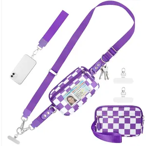 Clip and Go Strap for Phone with Wallet Crossbody Phone Lanyard and Detachable Checkered Bag with ID Window and RFID Pouch for Daily Travel.