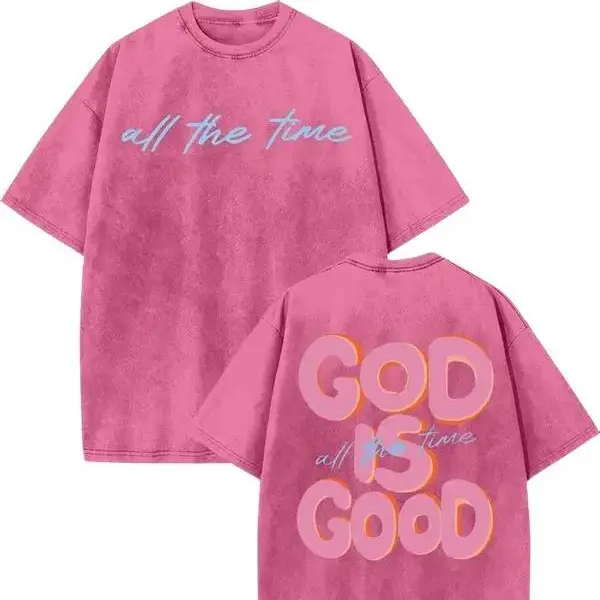 Men's & Women's Oversized 230gsm Heavyweight Washed T-Shirt GOD IS GOOD Double-Sided Graphic Print Retro Vintage Streetwear Loose Fit Round Neck Short Sleeve 100% Cotton Menswear Gradient t shirts  vintage graphic tees oversized tshirt  Stylish women