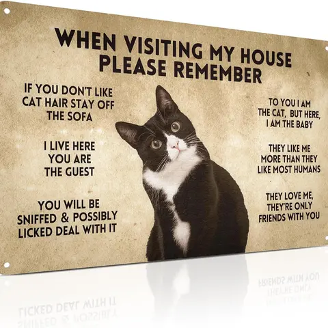 8x12 in Weatherproof Metal Plaque - Funny Tuxedo Cat Animal Character Home Sign, Yard-Friendly Size, Easy Install, Fade Resistant, Novelty Decor, Indoor/Outdoor Wall Art, Cat Lover Gift