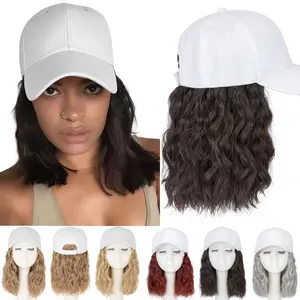 Cap Wig Bob Hair for Women, Short 8inch Wave Baseball Hat Wig Capwig with Curly Wavy Synthetic Hair Extensions, Adjustable Brown Black Baseball Hat Wig Summer vocation