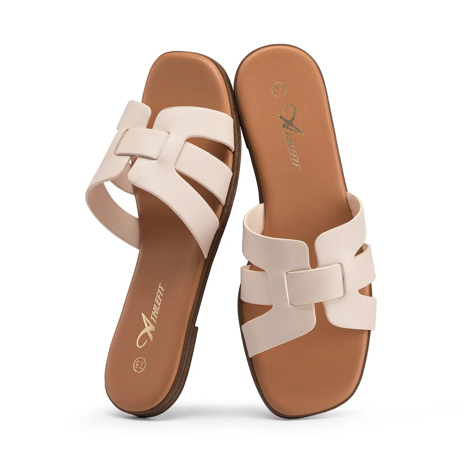 Women's Flat Sandals Dressy Summer Square Open Toe Slip On Leather Slide Sandals