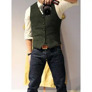 Men's Tweed Cowboy Vests Hunting Fishing Wool Herringbone Retro Elderly Aged Adult Men's Vintage Western Casual Business Vests Menswear Suits Beige Black Plain Sleeveless Vneck