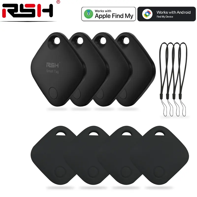 Rsh GPS Smart Tracking Tag Lost Alarm Anti Lost Kit Wireless Positioning Tracker for Android iOS, Track Luggage Cars Bikes Wallets, Includes 4 Tags Silicone Covers Strings, Keys Finder