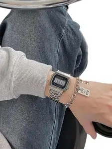2pcs square small dial steel strap electronic watch bracelet set Casual Wristwatch Set