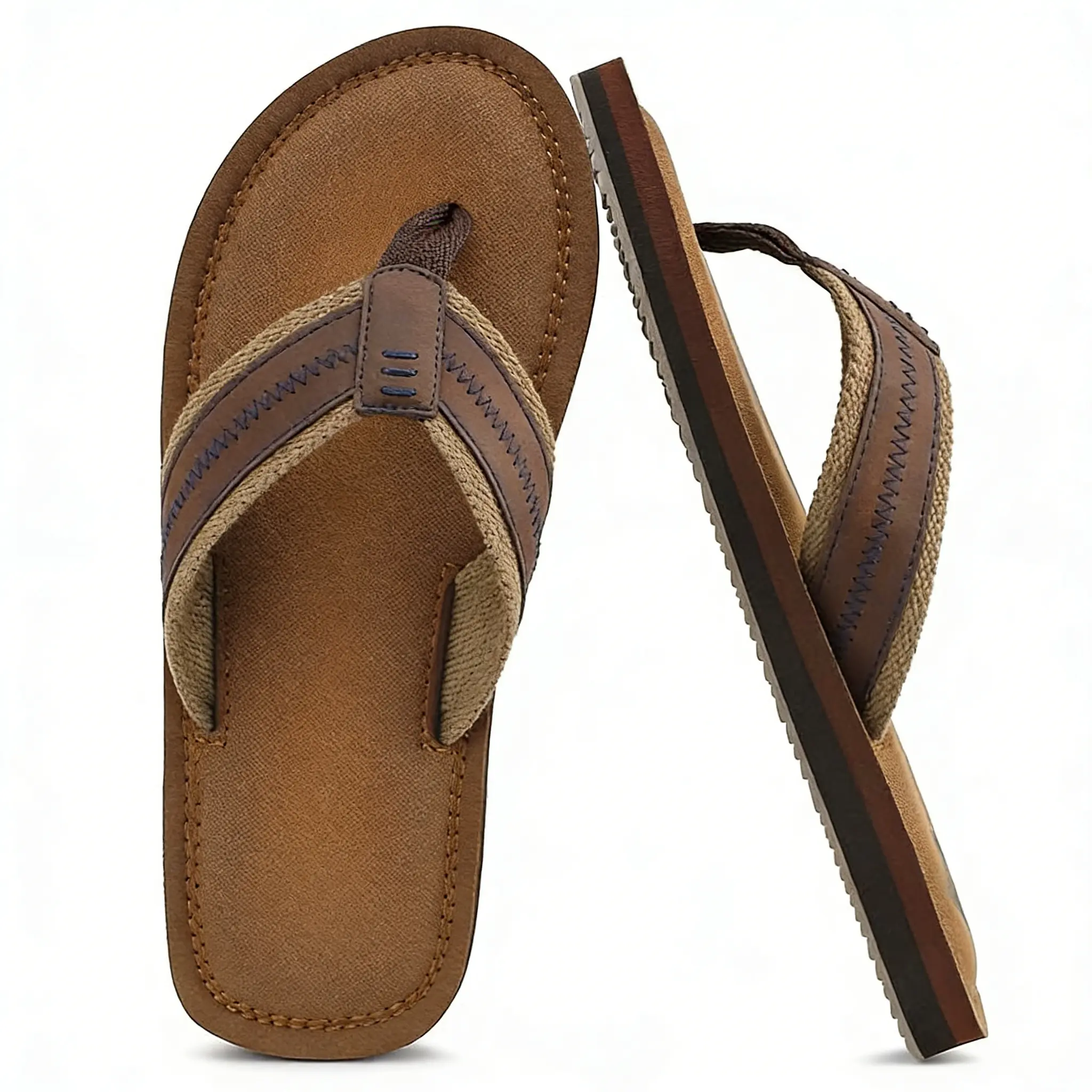 SHOESLOCKER Men's PU Leather Casual Flip Flops with Heels - Slide-On Wedge Sandals, Non-Slip Footwear for Summer Outdoor Walking