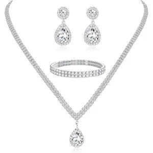 THUNARAZ 4 Pcs Silvery Dazzling Jewelry Set Teardrop Dangle Earrings for Women Crystal Bridal Prom Costume Jewelry Accessories Rhinestone Necklace Bracelet for Bride Bridesmaid for Wedding Party Engagements Business Banquets Christmas Gift