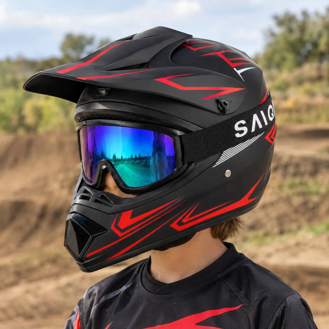 Spark DOT Certified Full Face Helmet - ABS Hard-Shell Impact Protection Gear for Youth & Adult, with Elastic Strap, Quick-Release Buckle, Multi-Channel Venting, Chin Strap, Goggles, Gloves & Mask for Off-Road ATV, Dirt Bike Use