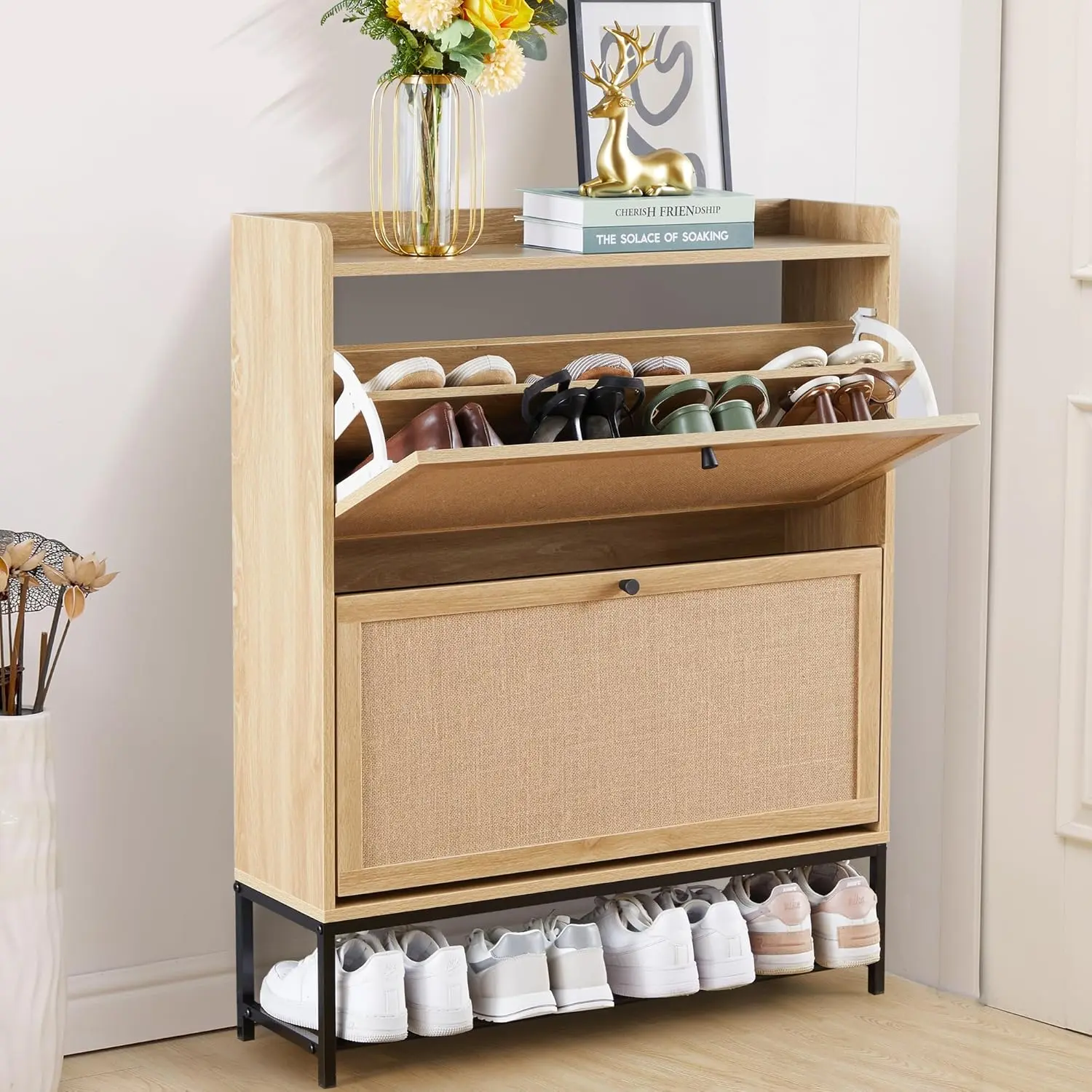 Giratree Shoe Cabinet, Shoe Cabinet Freestanding Tipping Bucket Shoe Rack Organizer with 2 3 4 Flip Drawers, Modern Entryway Narrow Shoe Rack for Entryway, Hallway, Bedroom