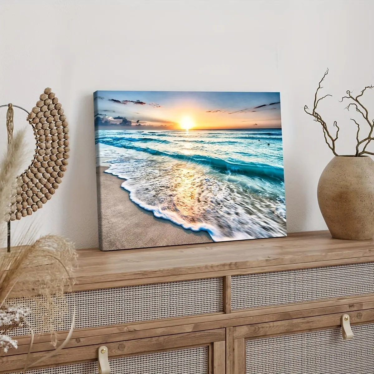 Sunset Beach Landscape Pattern Wall Art, Creative Design Print, Wooden Wall Art, 1 Count Wood Framed Canvas Painting, Aesthetic Room Decor, Wall Decor for Bedroom, Living Room, Dining Room, Bathroom, Art Work For Wall Decor, Wall Decoration, Ornaments