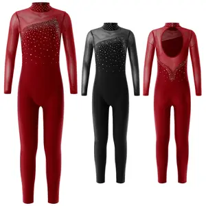 easyforever Kids Girls Shiny Rhinestone Skating Jumpsuit Long Sleeve Gymnastic Leotard Ballet Dance Unitard