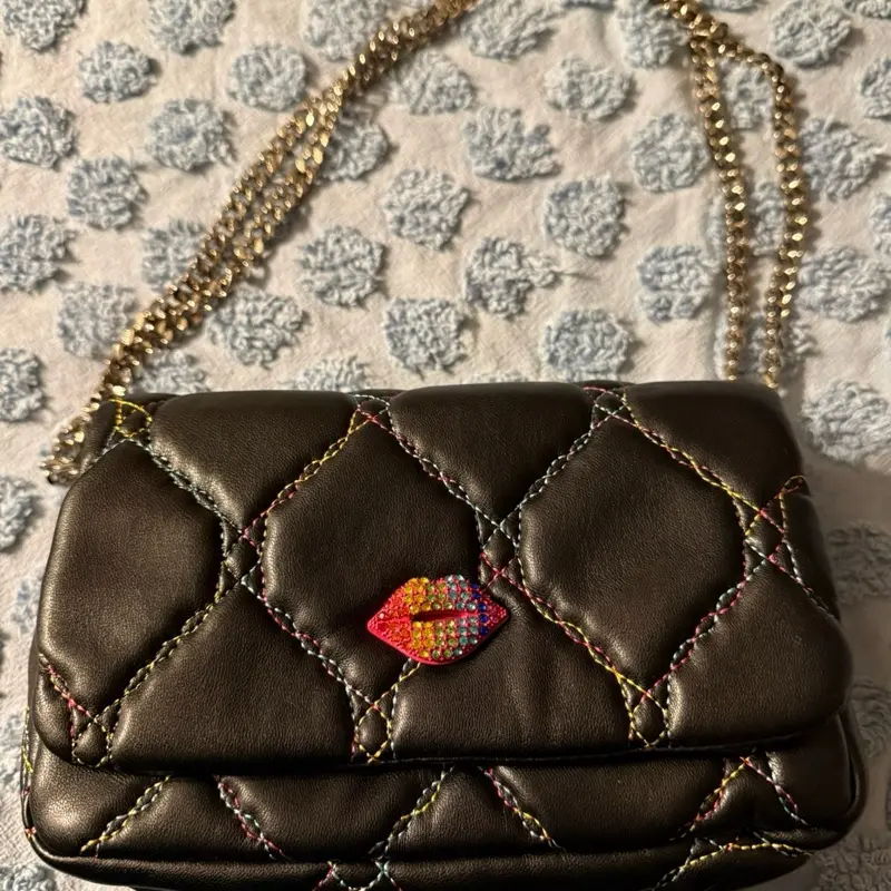 Betsy Johnson Black Crossbody Bag with Rainbow Rhinestone Lip Accent